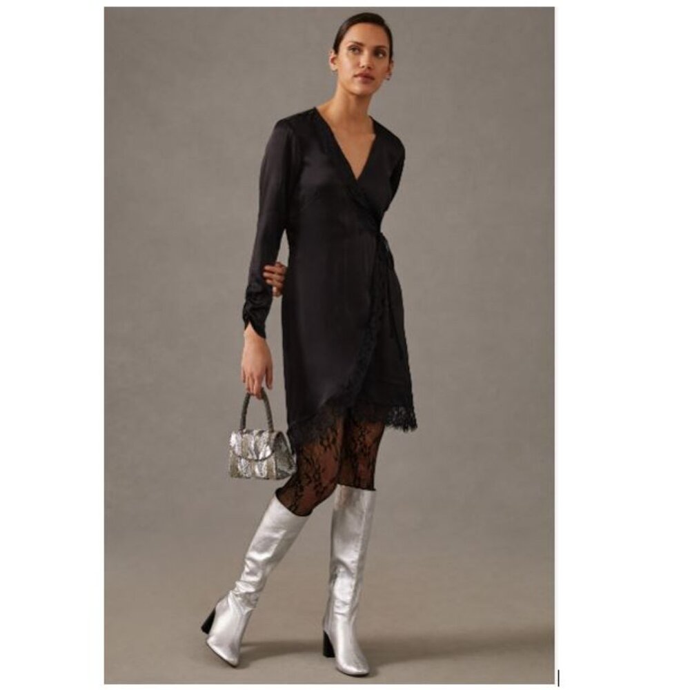 By Anthropologie Lace-Trimmed Wrap Dress in Black with Lace - Size Small - NWT